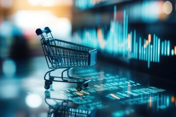 Shopping Cart on Table with Digital Graph and Data Visualization for E-commerce Concept