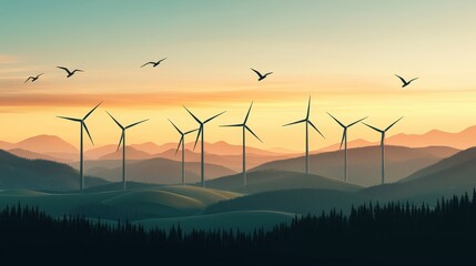 Breathtaking sunset over wind turbines in a serene landscape with flying birds.