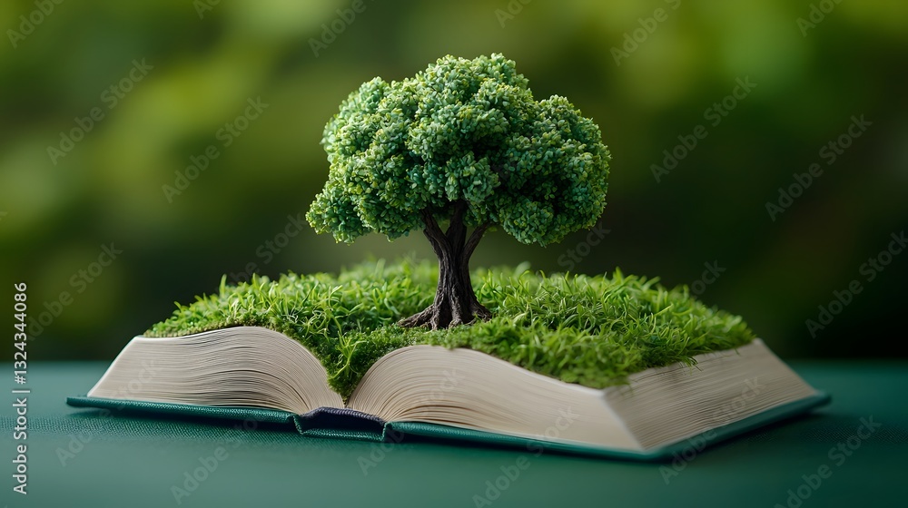 Poster flourishing knowledge an open hardcover book serves as the foundation for a thriving tree symbolizin