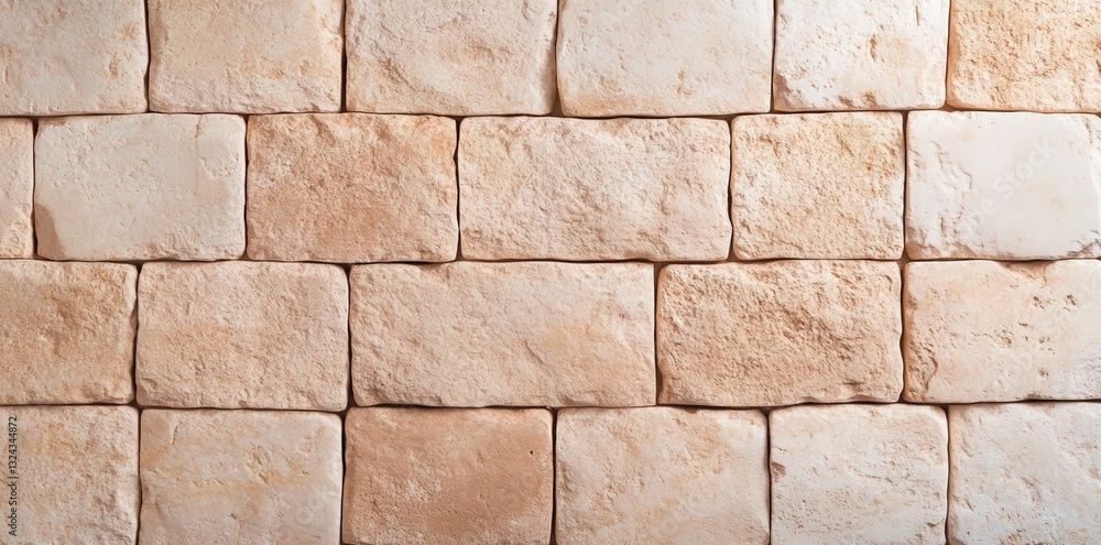 Poster a textured wall made of rectangular stone blocks in varying shades of beige and cream, creating a ru