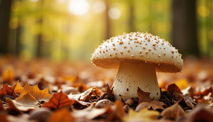 Giant puffball mushroom resting on the ground surrounded by autumn leaves, nature's beauty