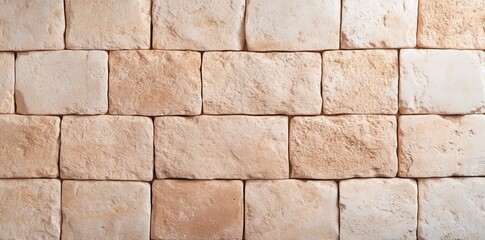 Fototapeta premium A textured wall made of rectangular stone blocks in varying shades of beige and cream, creating a rustic and natural appearance.