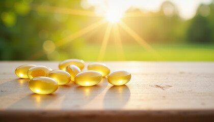 Vitamin D softgel capsules on wooden table in warm morning light, health concept