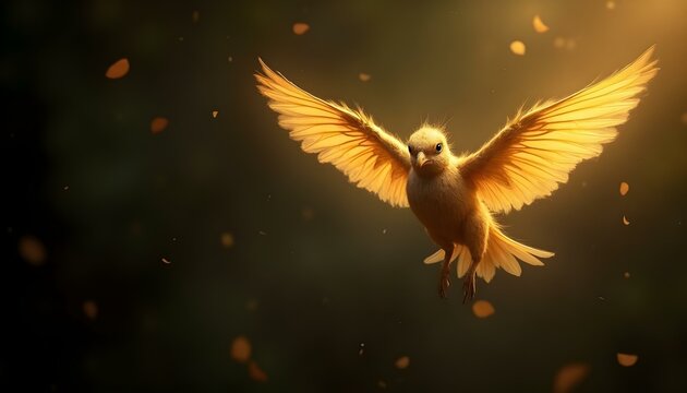 A golden snitch with wings outstretched, set against a dark background, digital art, soft diffused lighting, bokeh effect, golden ratio, rough texture, oil painting