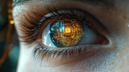 With a golden iris featuring an electronic circuit, a close up of an eye reflects technological advancements in vision and futuristic concepts.