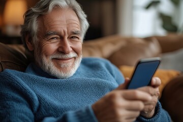 Obraz premium Senior man enjoying a quiet moment at home while browsing his smartphone in a cozy living room during the afternoon