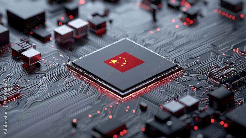 Poster close-up of a microprocessor with a red and black circuit board design.