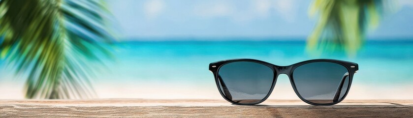 Stylish sunglasses on a tropical beach with clear blue water and palm trees.