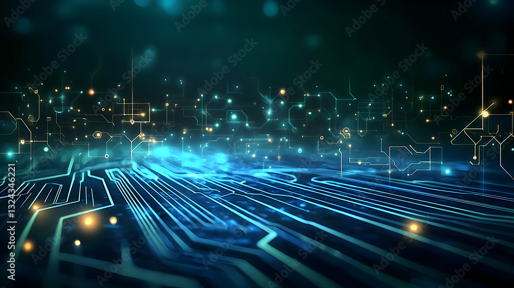 Poster futuristic blue circuitry with glowing lights and bokeh effect digital abstract background