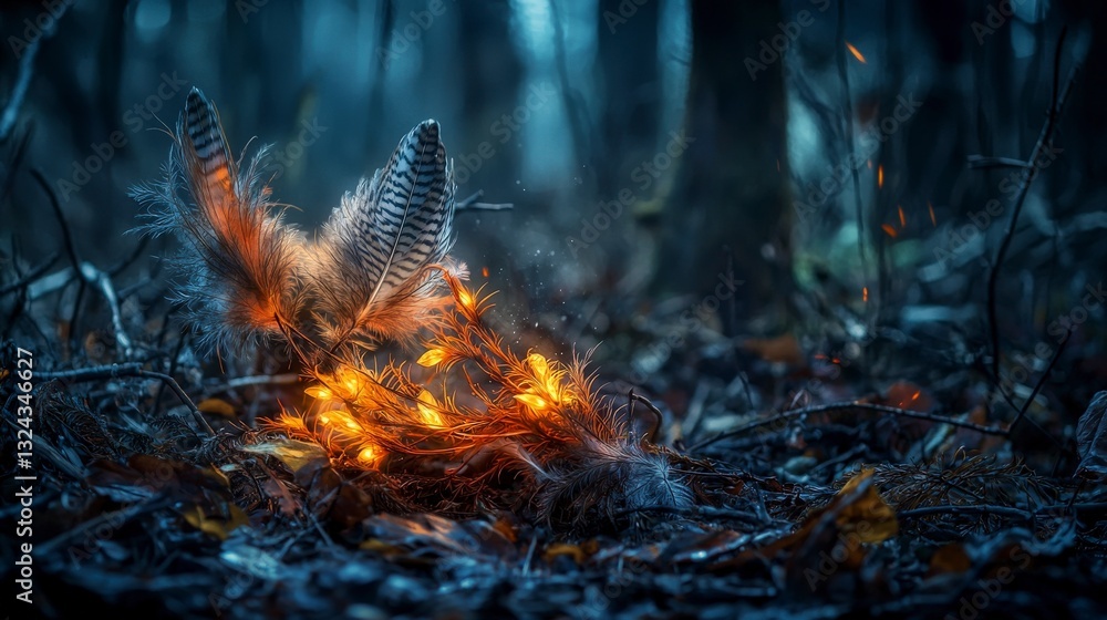 Poster fallen glowing feathers illuminate the mystical forest floor nature artwork enchanted environment cl