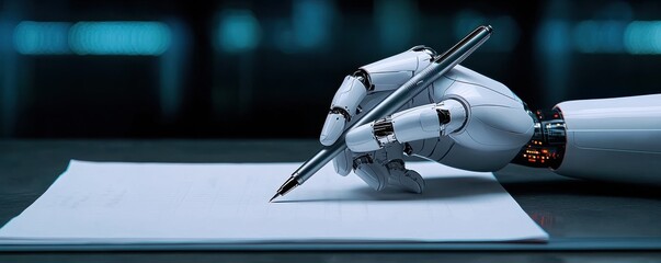 Robotic hand writing on paper, showcasing advancements in artificial intelligence.