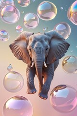An elephant gracefully leaps through a sky filled with large, iridescent bubbles that reflect light. The background features soft pastel colors, creating a whimsical atmosphere