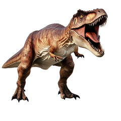 Fototapeta premium A majestic dinosaur with its mouth open captured in a dramatic pose evoking a sense of power and prehistoric life isolated on a white background.