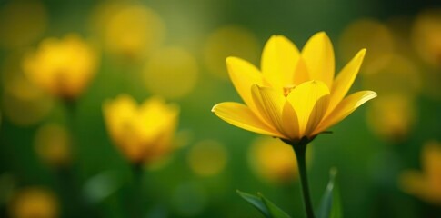 Fototapeta premium Bright yellow petals unfolding from dark green stem, garden, field, flowers