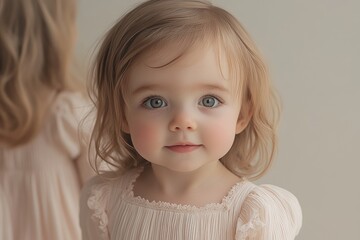 Naklejka premium Charming toddler with expressive eyes posing softly in a neutral-toned setting during a serene morning
