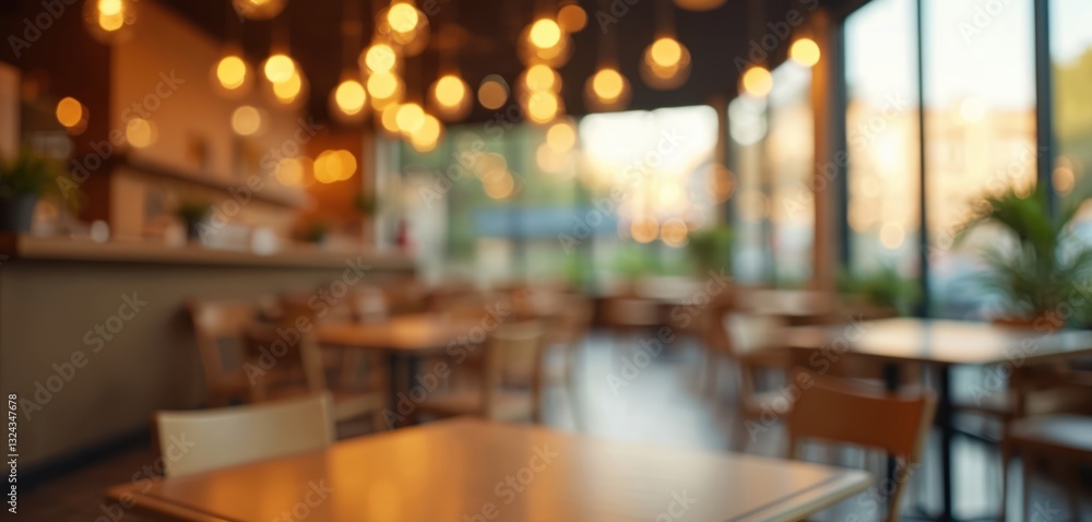 Poster blurred shot of empty modern cafe interior. bokeh lights create warm, cozy ambience. defocused image