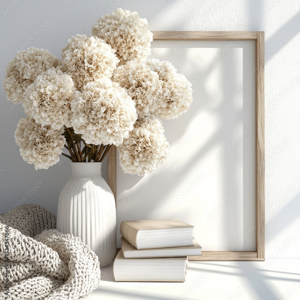 Poster a boho-style home interior background features a close-up mock-up frame, created using 3d rendering