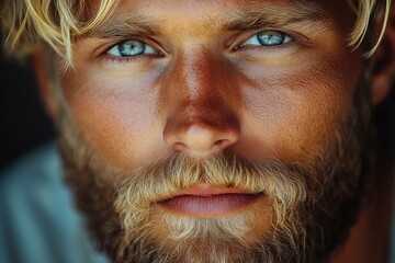 Young man with striking blue eyes and a well-groomed beard poses in natural light showcasing his facial features and sun-kissed skin tone