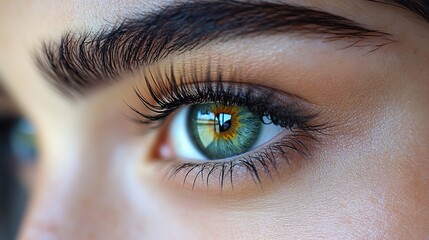 Obraz premium Woman's eye with long lashes and green iris, with blurred background, ideal for beauty and vision projects.