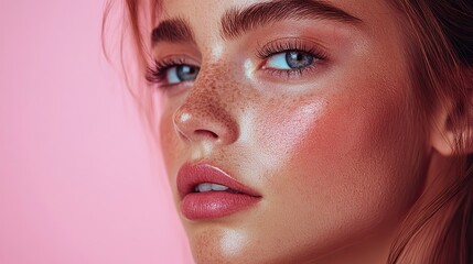 Woman's face close-up profile, flawless skin, full lips reflect beauty treatments, aesthetic wellness commitment.