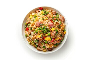pixel perfect picture of Top view frozen fried rice with pork on white background