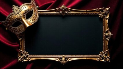 Ornate gold frame with Venetian mask on red velvet fabric. 