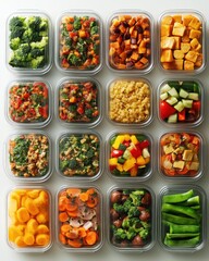 Colorful meal prep featuring a variety of healthy vegetables and grains organized in clear containers for easy access throughout the week