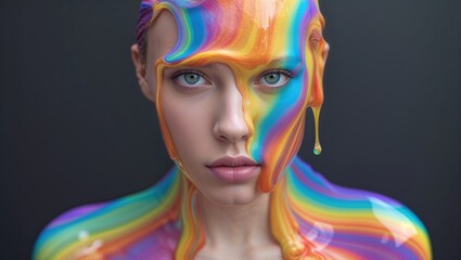 A striking portrait features a central figure with rainbow-colored paint cascading down their face and body, creating a surreal atmosphere