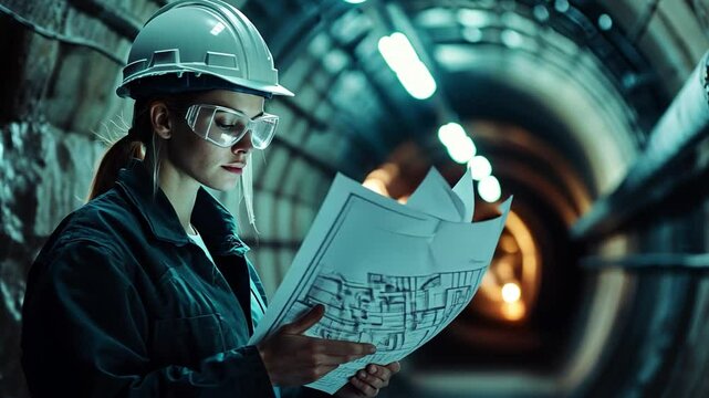 Blueprint in the Tunnel: An engineer, clad in safety gear, meticulously examines architectural blueprints inside a vast tunnel, her focused expression capturing dedication and technical expertise.