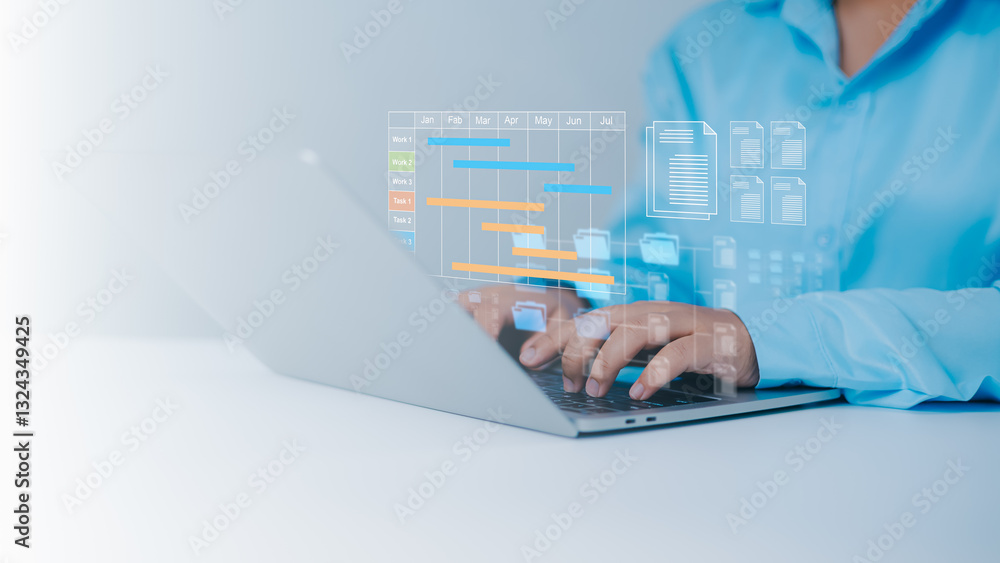 Aufkleber project management tool and work schedule concept, planning software, businessman use laptop to mana
