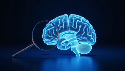 Futuristic 3D brain model viewed through magnifying glass, digital exploration
