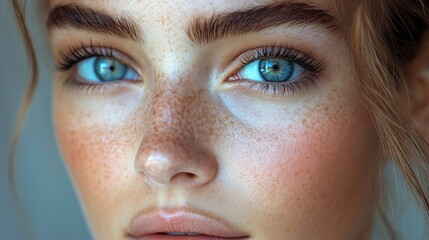 Fototapeta premium Woman's nose and eye profile smooth skin, delicate features suggest rhinoplasty for beauty & breathing improvement.