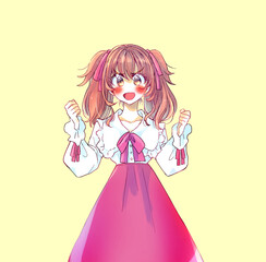 両手で握りこぶしを作り興奮するロリータ服の女性　赤色