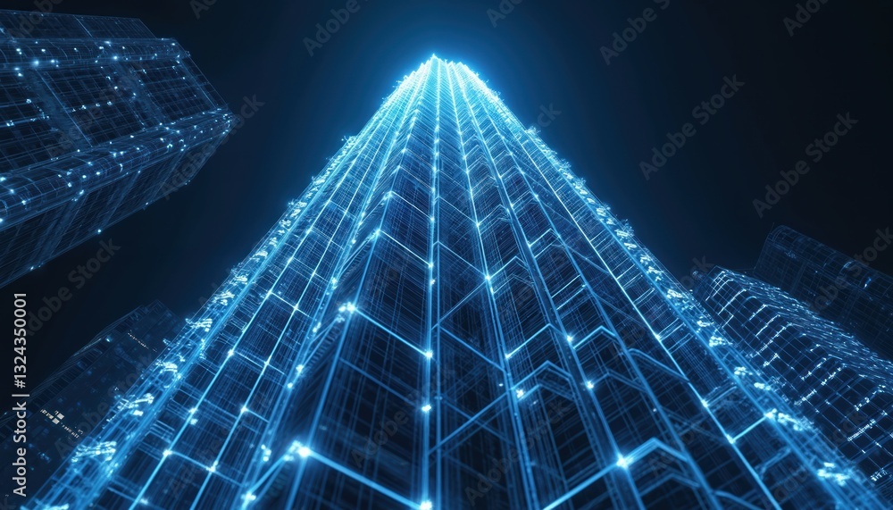 Poster low angle view of wireframe skyscraper buildings with glowing neon grid. futuristic concept of city 