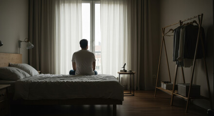 Pensive Man on Bed: Reflective Mood in Minimalist Bedroom. Light & Shadow. Solitude, Contemplation, Home Interior, Serene Atmosphere, Window View