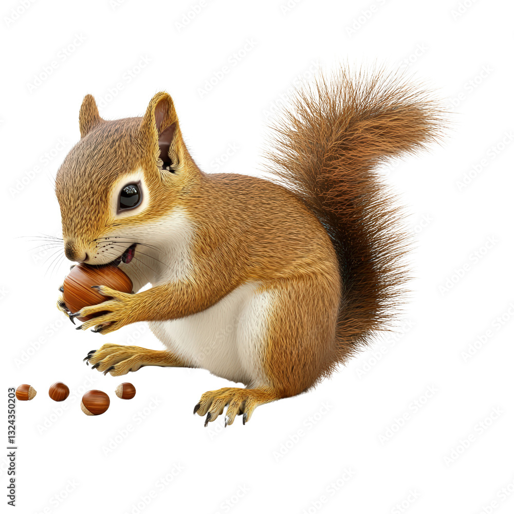 Poster cute squirrel sitting on a tree branch enjoying a nut in a natural park setting surrounded by greene