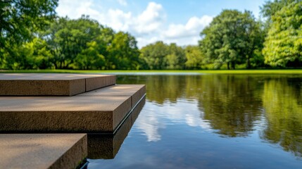 Fototapeta premium Flood Retention Ponds Concept, Tranquil Pond with Tiered Design for Effective Water Retention Management in a Scenic Outdoor Setting