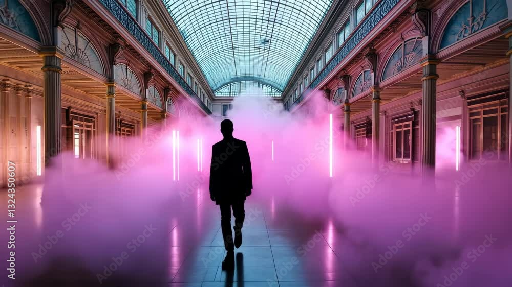 Poster silhouette of a person walking through a vibrant display of fog and light in an elegant architectura