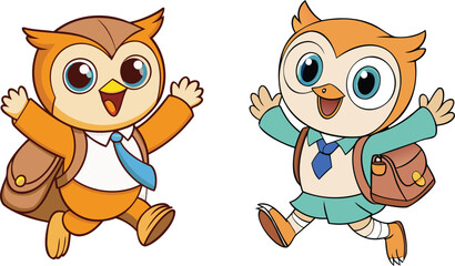 Fototapeta premium owl with school bag jump happy face 
