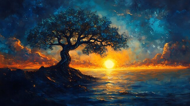 Vibrant celestial tree illuminated by golden light high resolution image