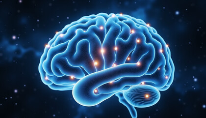 Fototapeta premium Detailed neural pathways glowing in brain under deep space backdrop, cognition