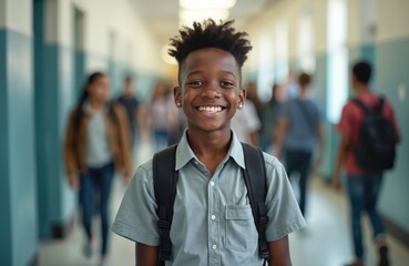 Fototapeta premium Happy African American teen boy in school hall, wearing backpack. Smiling student looks at camera. Education concept, back to school. Positive emotions, cheerfulness, diversity, inclusion, casual