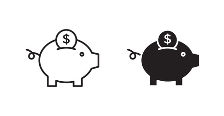 Piggy bank thin line and fill vector icons set