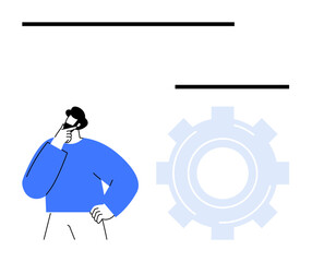 Man placed next to a gear cog represents analytical thinking, productivity, and innovation. Ideal for concepts thumbs up problem-solving, strategy, teamwork, planning, decision-making, creativity