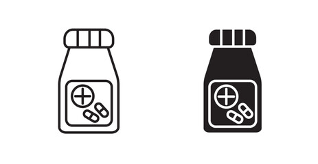 Pill bottle thin line and fill vector icons set