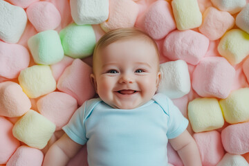 An adorable smiling baby lies on soft, colorful marshmallows, radiating joy and warmth. A heartwarming scene filled with sweetness, innocence, and happiness