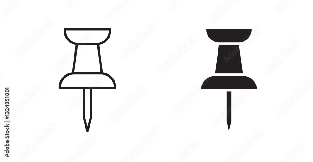 Poster push pin thin line and fill vector icons set