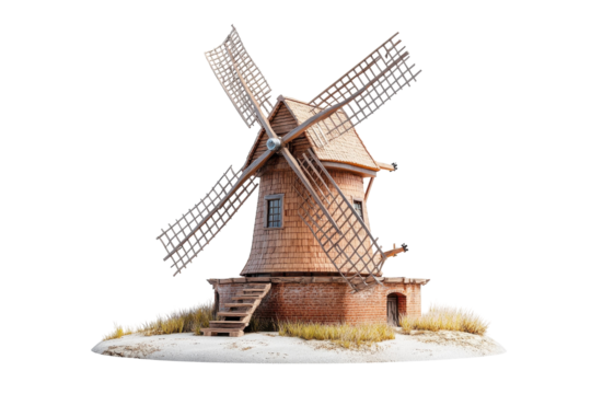 A quaint wooden windmill stands majestically amidst swaying grass under a bright blue sky isolated on transparent background