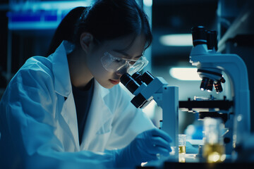 A scientist wearing a white lab coat, safety glasses, and gloves is examining a sample through a microscope in a high-tech laboratory. the atmosphere of precision, research, and discovery.
