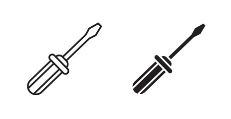 Screwdriver thin line and fill vector icons set